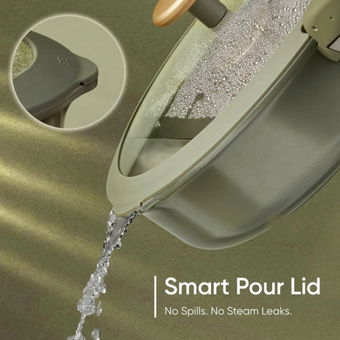 Close-up of the smart pour lid of 19 Piece Nonstick Pots And Pans Set With Detachable Handle For Easy Cleanup, Oven Safe Cookware.