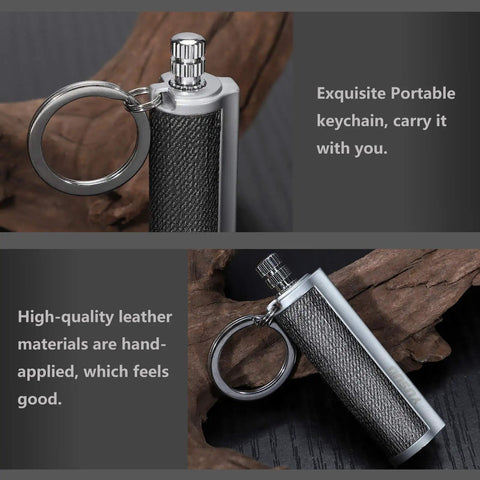 2 Pack Permanent Infinity Match Lighters With Multitool Keychains shown with leather finish, portable for outdoor use.
