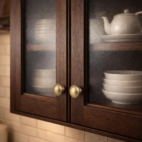 Champagne Bronze Cabinet Knobs Set Of 10 For Kitchen Cupboards And Dressers, Zinc Alloy Pulls shown on glass cabinet doors