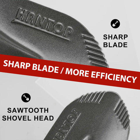 Close-up of sharp blade and sawtooth head of Compact Round Shovel For Digging With Short Handle 28 Inch Garden Shovel