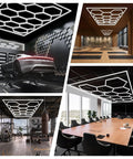 Hexagon Garage Light With Rectangle Frame, Pro Grade Brightness 672W 86400 Lumens 6500K installed in car detailing and office spaces