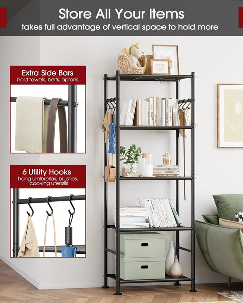 Heavy Duty 5 Tier Storage Shelves With Hooks For Garage And Home Large Capacity Metal Rack With plants and decor items