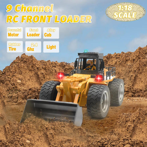 9 Channel RC Front Loader 4WD Alloy Shovel Loader Tractor in action on dirt terrain, showing lights and detailed cab for kids 8-12