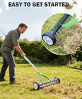 Person using Wheeled Adjustable Thatch Rake For Lawn Care With Protective Gloves, Ergonomic Dethatcher Rake on grassy lawn