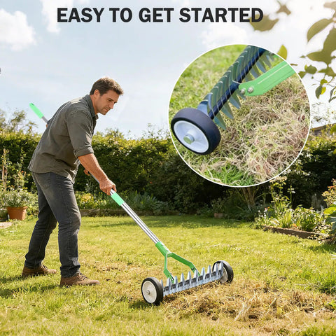 Person using Wheeled Adjustable Thatch Rake For Lawn Care With Protective Gloves, Ergonomic Dethatcher Rake on grassy lawn