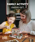 Mother and daughter assembling Chill DIY Dollhouse Kit For Beginners And Adults, Build Your Own Chocolate Shop Miniature House With Realistic Details