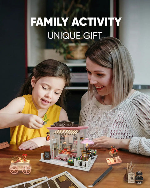 Mother and daughter assembling Chill DIY Dollhouse Kit For Beginners And Adults, Build Your Own Chocolate Shop Miniature House With Realistic Details