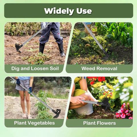 Long Handle Weed Puller Tool 60 Inch Two In One Garden Rake And Hoe for weeding and uprooting deep roots in yard and garden.