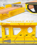 12 Inch Heavy Duty Mitre Box For Precise 45, 90, And 135 Degree Cuts, Impact-Resistant ABS Plastic DIY Woodworking Tool For Pros, Woodworkers, Carpenters, And Hobbyists, Yellow with visible saw and wood.