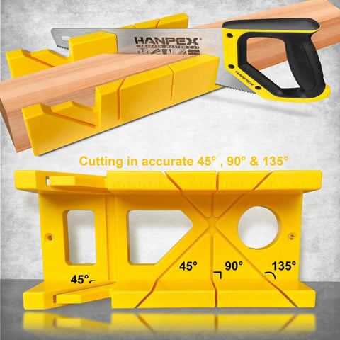 12 Inch Heavy Duty Mitre Box For Precise 45, 90, And 135 Degree Cuts, Impact-Resistant ABS Plastic DIY Woodworking Tool For Pros, Woodworkers, Carpenters, And Hobbyists, Yellow with visible saw and wood.