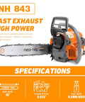 Beast 43cc Gas Chainsaw With 16 Inch Bar And Chain, Lightweight 11 Lb Powerhead, Magnesium Crankcase, shown with specifications