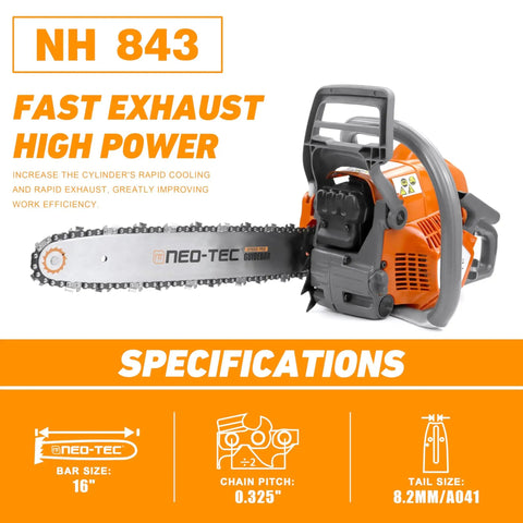Beast 43cc Gas Chainsaw With 16 Inch Bar And Chain, Lightweight 11 Lb Powerhead, Magnesium Crankcase, shown with specifications