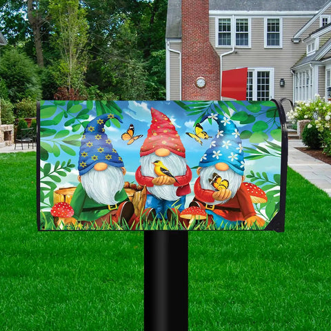 Gnome Sweet Gnome Spring Mailbox Cover For Standard Steel Mailboxes 6.5 X 19 In Weatherproof Vinyl With Magnetic Strips