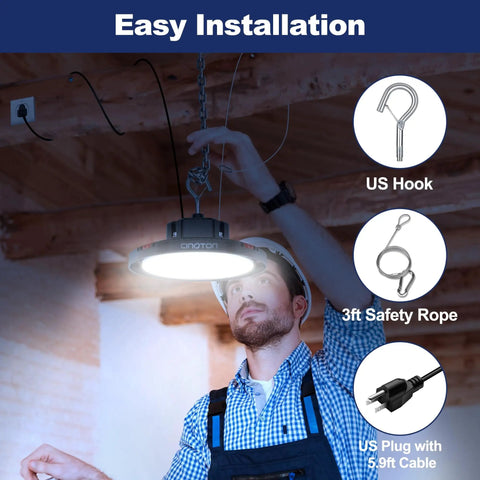 Man installing Ultra Bright 160W UFO LED High Bay Light For Warehouse Garage And Workshop, 24000 Lumen 5000K Daylight Color