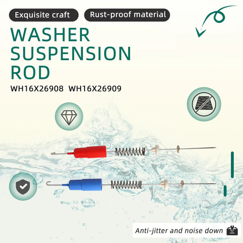 Heavy Duty Washer Suspension Rods Kit Wh16x26908 Wh16x26909 shown in water, red and blue colors, for GE Hotpoint washing machines.