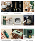Collage of home gadgets including a heavy duty 12V DC mini air pump, kitchen appliances, and personal care tools.
