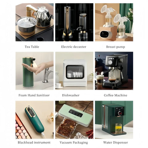 Collage of home gadgets including a heavy duty 12V DC mini air pump, kitchen appliances, and personal care tools.