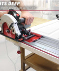Milescraft 1409 track saw guide mounted on aluminum track with red base for 7-1/4 inch circular saws