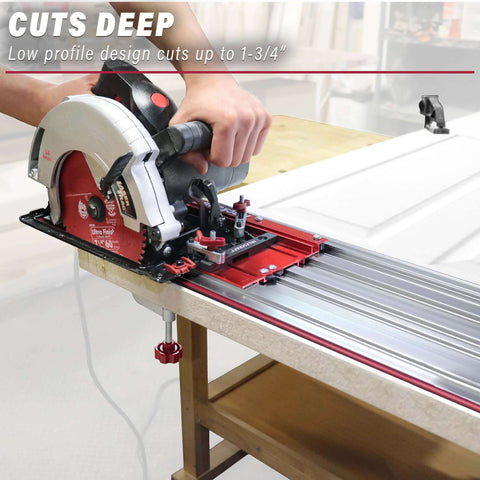 Milescraft 1409 track saw guide mounted on aluminum track with red base for 7-1/4 inch circular saws