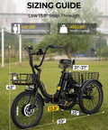 Electric Trike With Peak 1000W Power For Hills And City, 20 Inch Folding Three Wheel E Tricycle For Adults, step-through frame with sizing guide