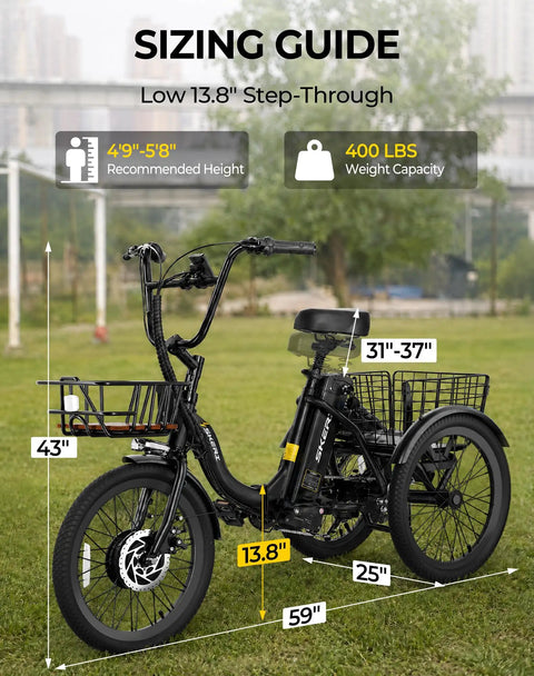 Electric Trike With Peak 1000W Power For Hills And City, 20 Inch Folding Three Wheel E Tricycle For Adults, step-through frame with sizing guide