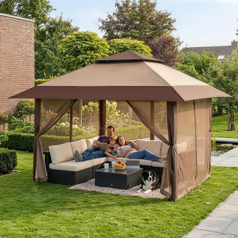 Family relaxing under Easy Setup 13x13 Pop Up Gazebo with Wheeled STO-N-Go Cover Bag in beige and coffee color, backyard setting.