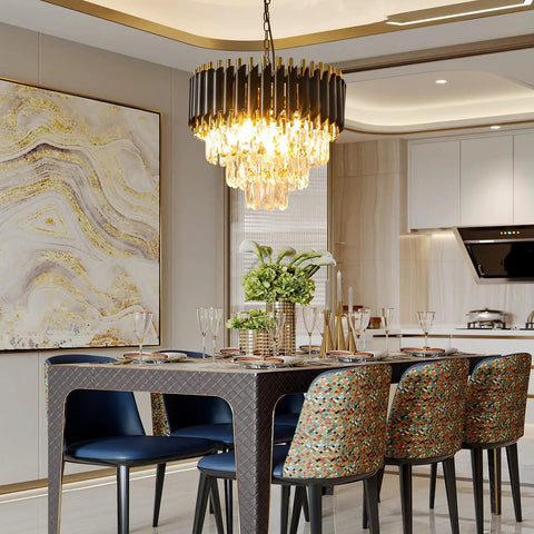 Modern Crystal Chandelier 3 Tier Round Black And Gold Pendant Light With 12 LED Bulbs over dining table in elegant room