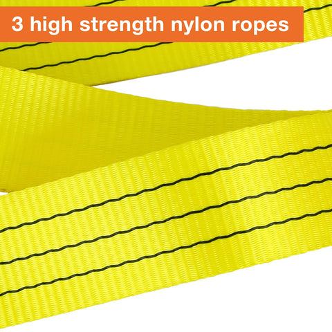 Close-up of yellow 3 high strength nylon ropes used in Heavy Duty Tow Strap 3 Inch By 8 Foot Tree Saver Pull Strap With 30,000 Pound Capacity.