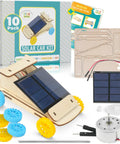 Sweet Ten Pack Solar Car Kit Offering Slick Wooden STEM Rides For Kids Ages Eight Plus with parts and guide.