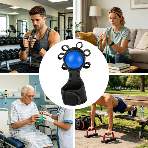 Collage of Finger Grip Strength Ball in use for stronger hands and everyday grip training, at home, gym, and park workouts.