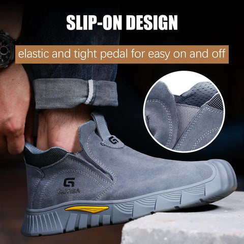 Grey Mid Cut Welding Safety Boots With Steel Toe For Men, slip-on design with elastic for easy wear, premium suede upper