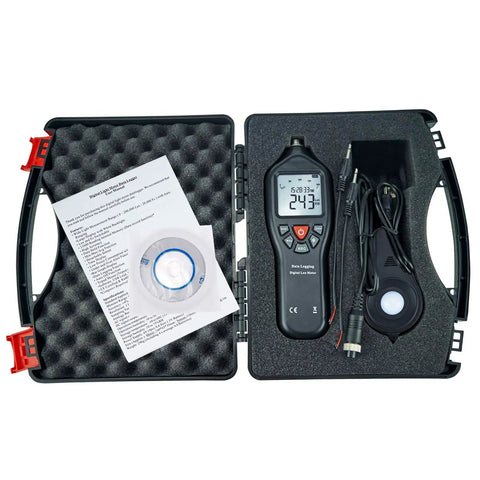 Digital Light Meter With Data Logging For Illuminance In Lux And Foot Candles, 0 To 200000 Lux Auto Ranging, Detachable Sensors, Dope For Home Office Lab Classroom And Outdoor Light Checks case with manual, CD, and sensor