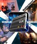 8 Channel Bluetooth Audio Mixer With 48V Phantom Power, 99 DSP Effects, and Studio Images of Applications for Various Events