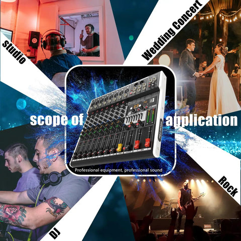 8 Channel Bluetooth Audio Mixer With 48V Phantom Power, 99 DSP Effects, and Studio Images of Applications for Various Events