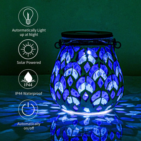 Solar Mosaic Lanterns For Outdoor Lighting, Glass Hanging Lanterns With Hollow Mosaic Glass, Waterproof Garden Patio Decor