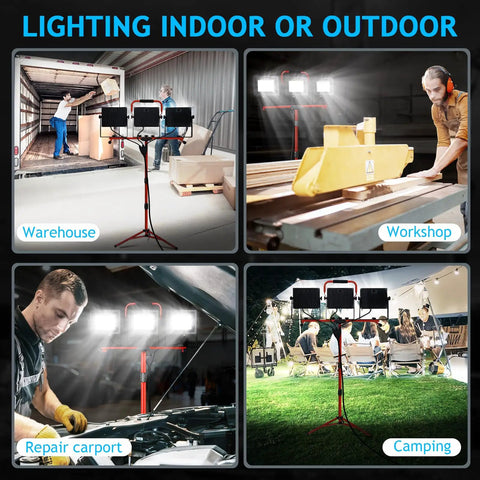 Beast Bright 150W LED Work Light With Tripod Stand lighting workshop and camping scenes with 15000 lumens brightness.