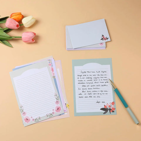 Floral Pastel Letter Paper Set With Envelopes, 60 Letter Sheets And 30 Envelopes In Ten Unique Floral Designs, paper and pen detail