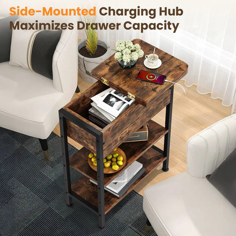 End Table With Charging Station And USB Ports, Flip Top Side Table With Two USB Ports And One AC Outlet, Three Tier Small Storage Table For Small Spaces, The Ultimate Space Saver For Your Living Room Or Bedroom, Brown Finish next to a sofa