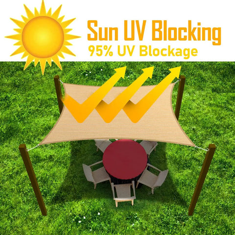 Beige 6 By 8 Foot Sun Shade Sail Canopy Awning Permeable Fabric Pergola Cover For Outdoor Patio Lawn Garden Backyard Carport UV Blocking Shade Sail With Easy Setup Durable Ropes Built For Chill Backyard Hangouts over a table and chairs