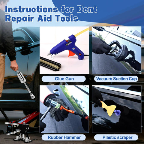 All In One 140 Piece Car Dent Removal Kit With T Bar Slide Hammer Bridge Puller Dent Lifter Suction Cups Glue Gun Tap Down Pen 100 Plus Puller Tabs For Easy DIY Dent Repair Of Dents Hail Damage And Door Dings, glue gun and suction cup tools