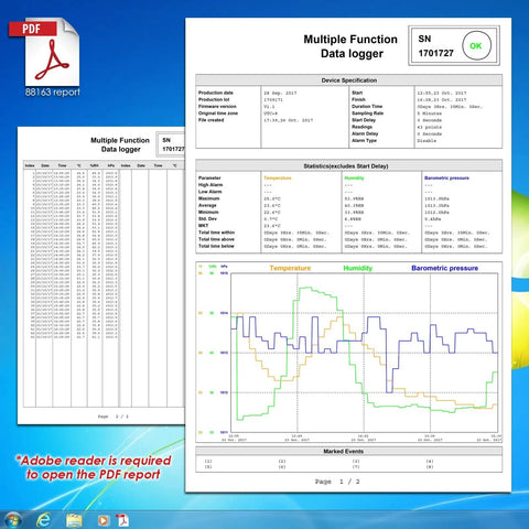 Usb Temperature Data Logger With Real Time Humidity And Barometric Pressure Monitoring IP65 Waterproof Outdoor Tracker For Crisp Pdf Csv Reports No Hassle Plug And Play report showing data log details, including graphs and specifications.