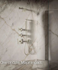 Marble bathroom showcasing the Parallel Single Function Showerhead With 1.75 GPM Flow, Vibrant Brushed Nickel Finish.