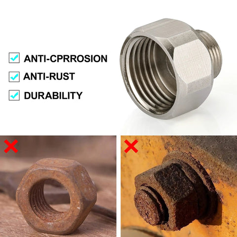 Half Inch Female To Three Eighths Inch Male Reducer Adapter Brass Pipe Fittings Water Hose Connector With Rubber Washer Compression Fitting For Kitchen And Bathroom Faucets Durable 2 Pack shown with anti-corrosion features compared to rusted fittings