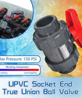 One And One Half Inch UPVC True Union Ball Valve Full Port Design With SCH 80 Socket Union Connections And Two EPDM O Rings