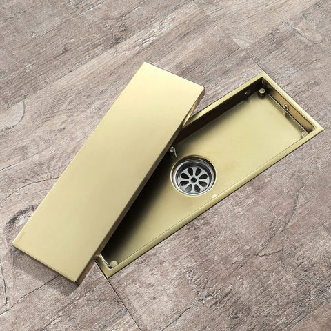 Top Shelf 304 Stainless Steel Linear Floor Drain Brushed Gold Tile Insert for Bathroom Shower with Removable Hair Catcher Anti Odor Heavy Duty Rectangle Surface Drain open with strainer visible.