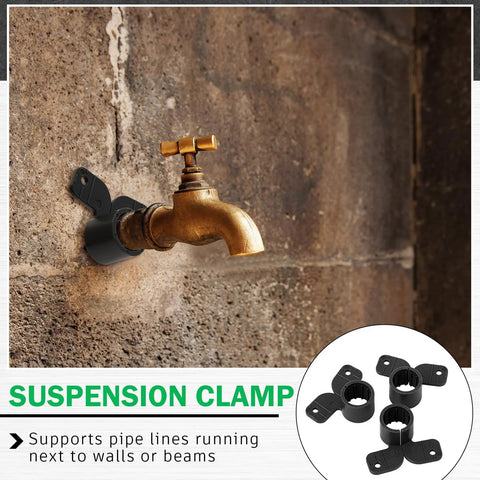 Pex suspension clamps, butterfly-style 1/2 in, black; mounted on concrete wall near a faucet; inset shows clamps.