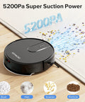 Robot Vacuum And Mop Combo With 5200Pa Suction No-Fuss Cleaning Settings Self-Charging 2-In-1 Mopping And Vacuuming Advanced Obstacle Avoidance For Effortless Spotless Floors shown on hardwood, cleaning dust, hair, snacks, particles with powerful suction.