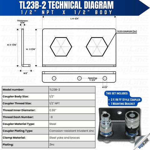 TL23B-2 hydraulic quick-connect coupler set, 1/2 in NPT, flat-face steel with mounting bracket; two couplers