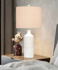 White Ceramic Table Lamps Set Of 2 For Living Room And Bedroom, Farmhouse Nightstand Lamps With Drum Lampshades, 24.25 Inch Tall