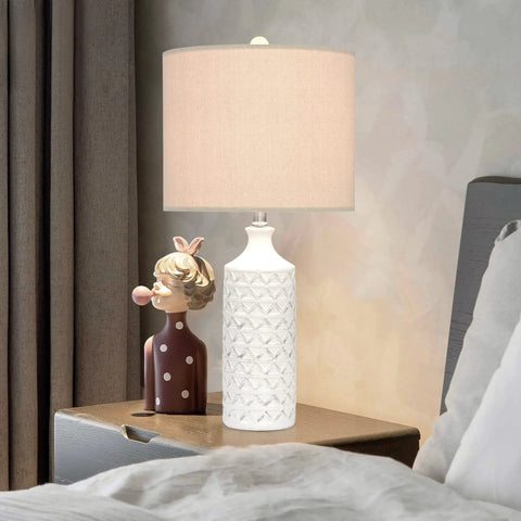 White Ceramic Table Lamps Set Of 2 For Living Room And Bedroom, Farmhouse Nightstand Lamps With Drum Lampshades, 24.25 Inch Tall